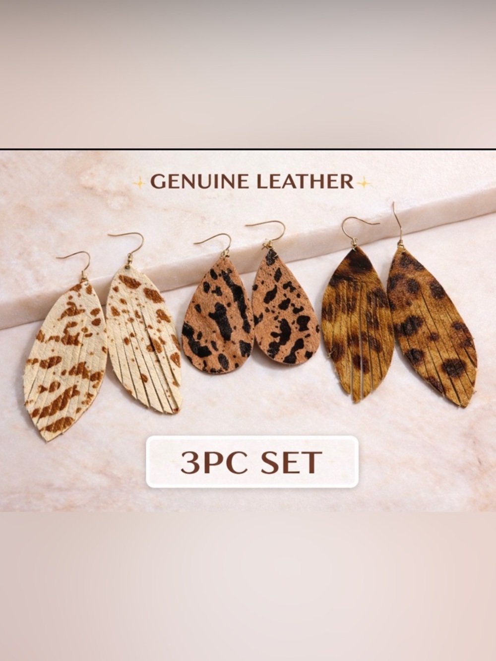3PC Genuine Leather Leopard Cowhide Earrings Boho Teardrop Set